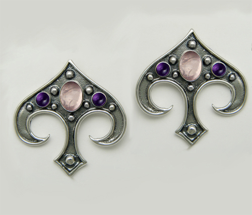 Sterling Silver Gothic Inspired Drop Dangle Earrings With Rose Quartz And Amethyst